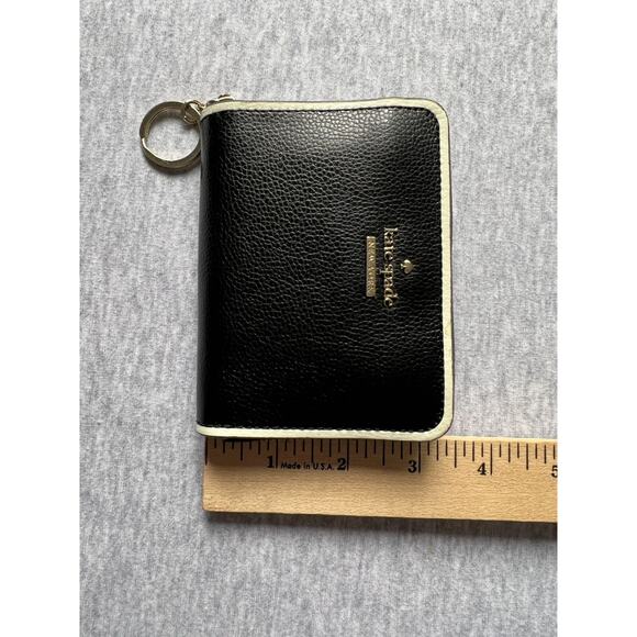 Kate Spade New York Black Pebbled Leather Zip Around Wallet Key Ring White Trim - Picture 9 of 10